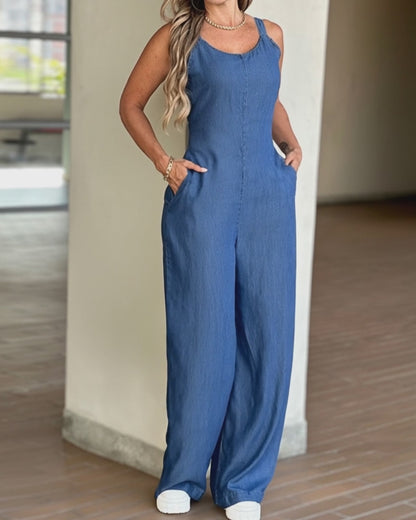 Plain V-Neck Spaghetti Strap Jumpsuit with Pockets Casual Back Shirred Wide Leg Romper
