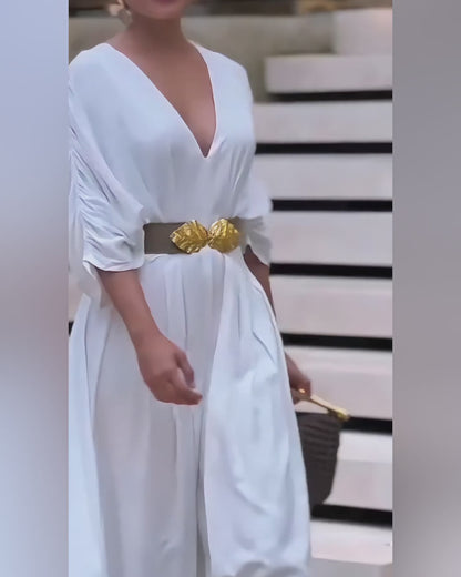 Deep V-Neck Ruched Three Quarters Sleeve Backless Overalls Casual Waist-Gathered Tied Detail Jumpsuit without Belt