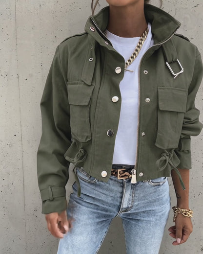 High Neck Zip Up Snap Button Front Flap Pockets Design Cargo Biker Jacket Casual Drawstring Crop Coat