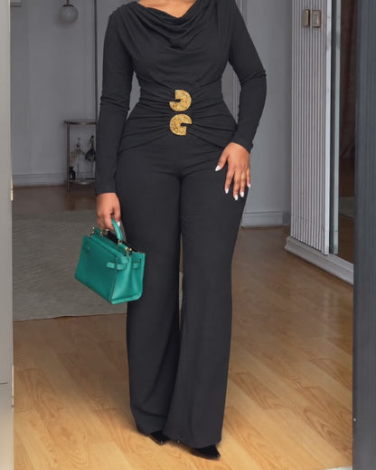 Women's Long Sleeve Cowl Neck Ruched Jumpsuit with Gold Buckle Accent