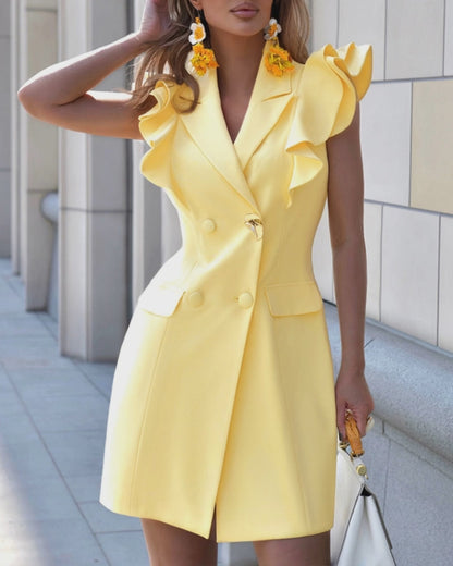 Women's Double Breasted Blazer Dress Flutter Sleeve Lapel Mini Dress Elegant Commuting Dress