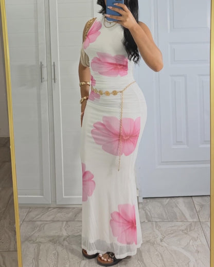 Women's Floral Mesh Ruched 2 Piece Set Sleeveless Crop Top and High Waist Mermaid Skirt Elegant Vacation Set