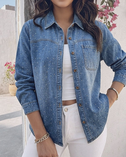 Women's Rhinestone Denim Jacket Washed Button-Down Shacket Sparkling Loose Fit Long Sleeve Casual Outerwear