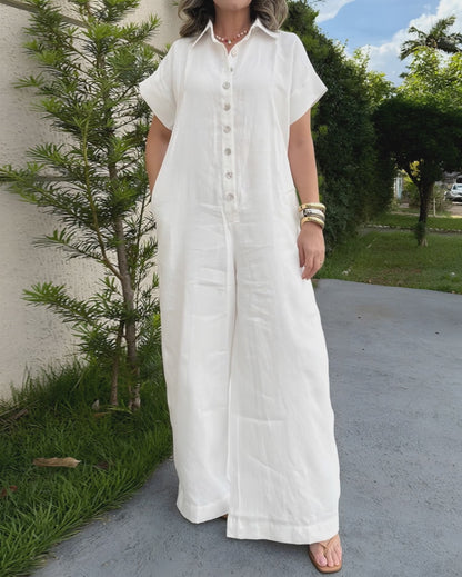 Turn-down Collar Short Sleeve Button Front Breathable Overalls Casual Wide Leg Linen Jumpsuit
