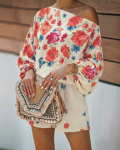 Women's Floral Butterfly Print 2-Piece Set Off-Shoulder Lantern Sleeve Top and High-Waisted Shorts Casual Vacation Outfit