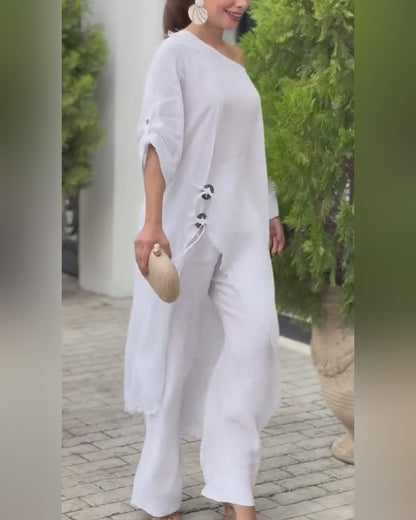 2 Pieces Outfit Button Decor One Shoulder Turn-Up Sleeves Slit Raw Edges Top and Casual Drawstring Elastic Waist Wide Leg Pants Set