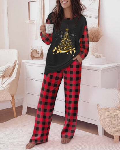 2 Pieces Outfit Christmas Tree Print Plaid Print Spliced Long Sleeve Top and Plaid Print Elastic Waist Pants Set Casual Pajamas Set