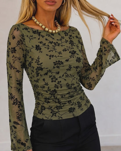 Women's Vintage Flocked Floral Mesh Top Boat Neck Ruched Flare Long Sleeve Tee