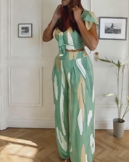 2 Pieces Outfit V Neck Petal Sleeve Tie Front Shirred Back Hem Crop Top and High Waist Elastic Back Waist Wide Leg Pants Set Casual Colorblock Abstract Print Set