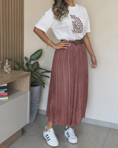 Women's High Waisted Pleated Midi Skirt Rhinestone Embellished A-Line Skirt Sparkling Elastic Waist Party Skirt