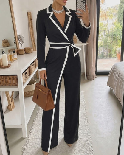 Contrast Paneled Notched Collar Padded shoulders Work Jumpsuit Casual Zipper Back Wrap Front Jumpsuit