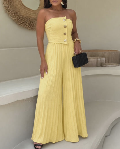 Women's Strapless Jumpsuit Elegant Gold Button Tube Overalls Shirred Pleated High Waisted Wide Leg Jumpsuit with Pockets