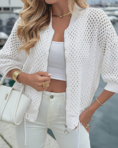 Women's Hollow Out Half Sleeve Knit Coat Baseball Collar Zipper Up Drawstring Hem Crop Jacket