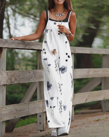 Watercolor Floral print Square Neck Adjustable Spaghetti Straps Wide Leg Loose Fit Cami Jumpsuit