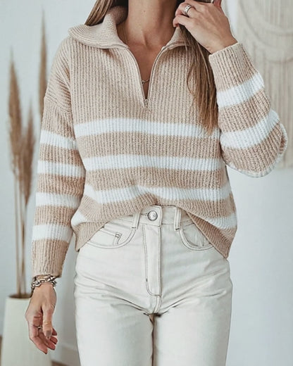 Women's Half Zip Striped Sweater Colorblock Turn-down Collar Knit Pullover Drop Shoulder Loose Fit Top