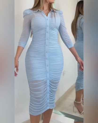 Women's 2 Piece Set Mesh Ruched Midi Dress Puff Sleeve Button Down Sheer Overlay Bodycon Dress with Camisole Slip Dress