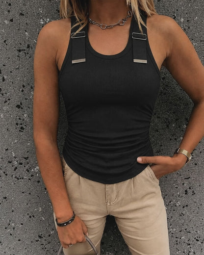 Women's Ribbed Knit Tank Top Adjustable Buckle Strap Side Ruched Knit Top Curved Hem Slim Fit Vest