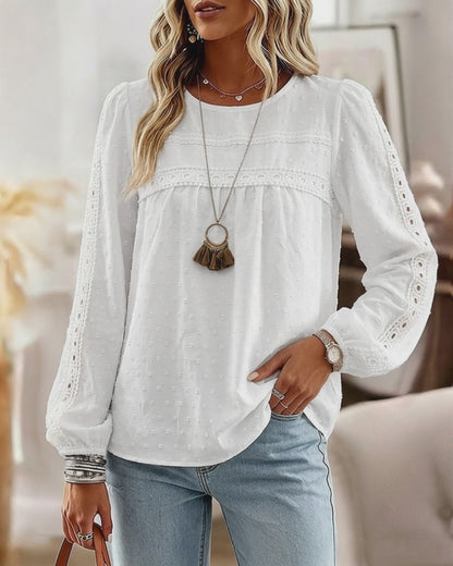 Women's Hollow-Out Lace Spliced Lantern Sleeve Top Elegant 3D Jacquard Chiffon Blouse for Work and Daily Wear