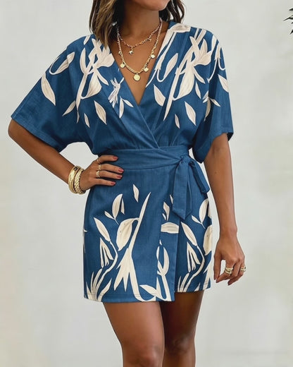 Women's Tropical Plant Print Romper Casual V-Neck Wrap Knot Side Skorts Romper Batwing Sleeve Short Jumpsuit