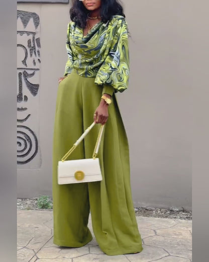 2 Pieces Outfit Abstract Print Cowl Neck Lantern Sleeve Stretchy Hem Crop Top and Casual Zipper Side Ruched Wide Leg Pants Set
