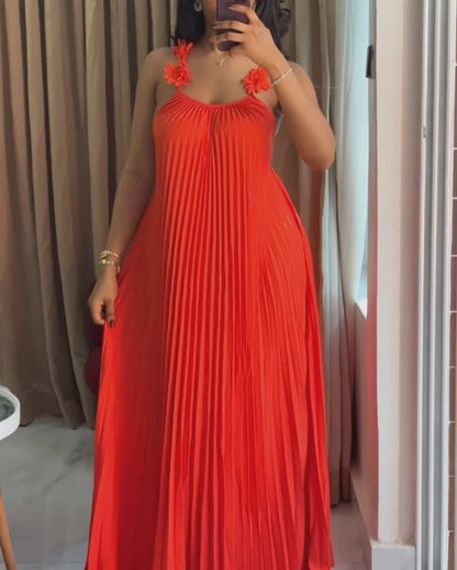 U-Neck 3D Flower Decor Adjustable Spaghetti Straps Maxi Dress Sexy Backless Criss Cross Back Pleated Dress