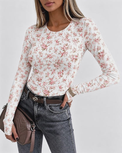 Women's Ditsy Floral Print Crew Neck Long Sleeve Slim Fit Top with Thumbholes