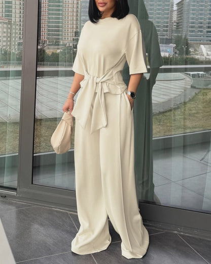 Women's 2 Piece Outfits Tied Waist Half Sleeve Top and High Waisted Pleated Wide Leg Pants Casual Loungewear
