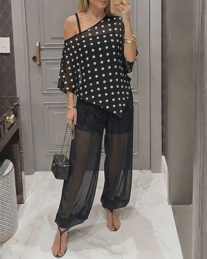 Women's 3 Piece Outfits Polka Dot Skew Neck Cape Top and Sheer Lantern Pants Set with Camisole Liner Party Clubwear