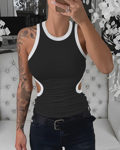 Women's Ribbed Contrast Trim Tank Top Sleeveless Crew Neck Cutout Slim Fit Stretch Casual Top
