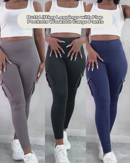 Butt Lifting Leggings with Flap Pockets High Waist Tummy Control Workout Cargo Pants