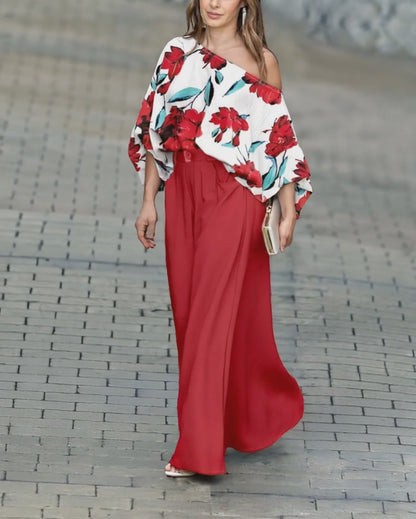 2 Pieces Outfit Floral Print Skew Neck Batwing Sleeve Stretchy Hem Top and Zipper Fly Elastic Back Waist Wide Leg Pants Set Casual Loose Fit Set