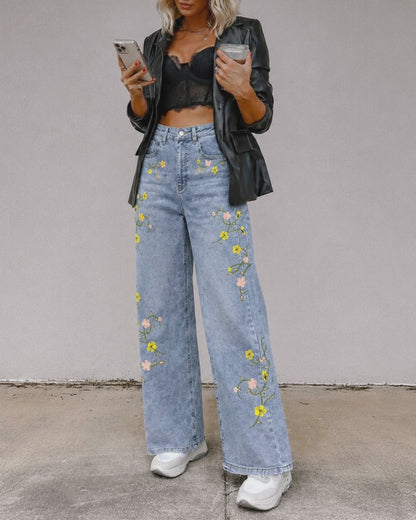 Women's High Waisted Floral Embroidered Wide Leg Jeans Washed Denim Pants