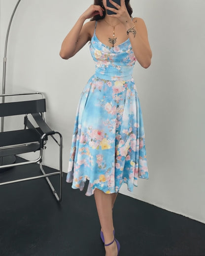 Women's Floral Mesh Midi Dress Casual Spaghetti Straps Party Dress Cowl Neck A-Line Cami Vacation Dress