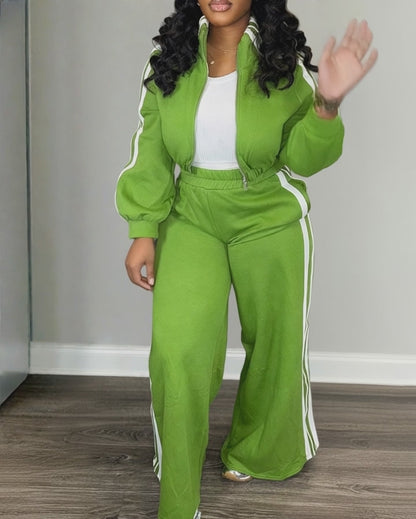 2 Pieces Outfit Stand Collar Zip Up Stretchy Hem Crop Coat and Elastic Waist Wide Leg Pants Set Casual Contrast Side Striped Set