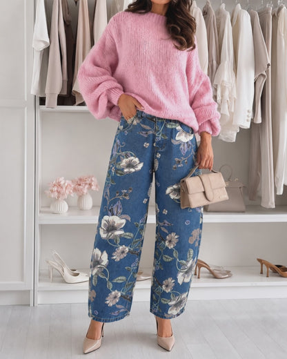 Damen-Jeans mit Vintage-Blumenmuster, Baggy-Jeans, lässige, hoch taillierte, verkürzte Barrel-Jeans