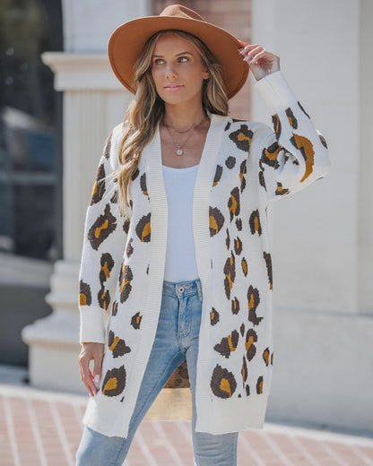 Leopard Pattern Longline Knit Cardigan Open Front Sweater