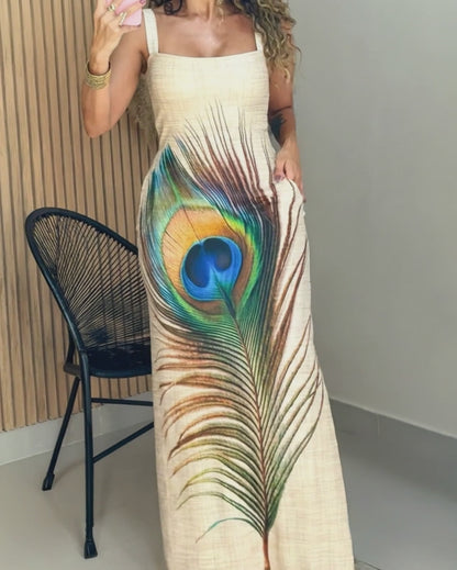 Women's Peacock Feather Print Maxi Dress Square Neck Thick Strap Side Slit Sundress Casual Vacation Dress with Pockets