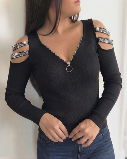 Women's Sexy Cold Shoulder Rib-Knit Top Rhinestone Strappy Long Sleeve V-Neck Zipper Slim Fit Pullover