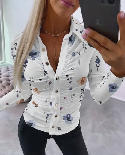 Floral Print Turn-down Collar Long Sleeve Metal Button Front Blouse Ruched Slim Fit Top