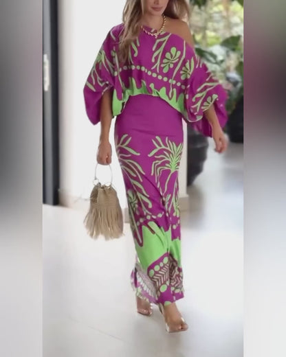 2 Pieces Outfit Skew Neck Lantern Sleeve Loose Fit Top and High Waist Elastic Waist Fishtail Maxi Skirt Set Casual Tropical Print Vacation Set