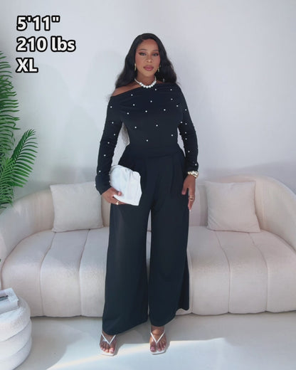 Pearls Decor Skew Neck Long Sleeve Cinched Waist Overalls Casual Ruched Zipper Back Wide Leg Jumpsuit