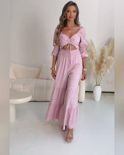 Sweetheart Neck Puff Sleeve Drawstring Front Shirred Overalls Casual Cutout Front Ruffle Hem Wide Leg Jumpsuit
