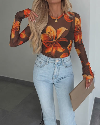 Women's Vintage Floral Print Sheer Mesh Long Sleeve Top Crewneck Tee with Thumb Holes