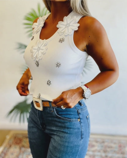Women's 3D Floral Applique Knit Tank Top Rhinestone Beaded Sleeveless U Neck Ribbed Slim Fit Party Clubwear Top