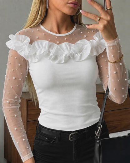 Women's Pearls Sheer Mesh Spliced Long Sleeve Ruffle Slim Fit Top