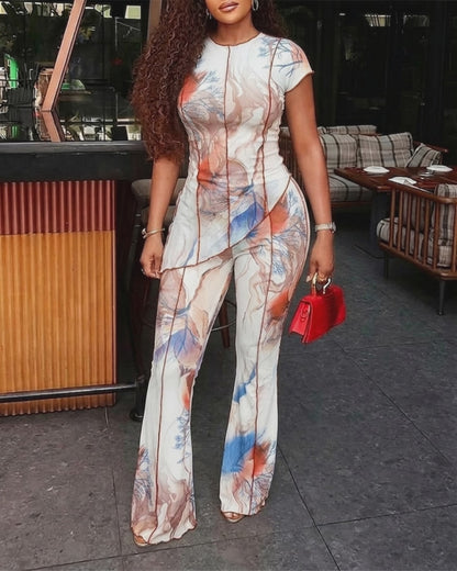 Women's 2 Piece Mesh Set Vintage Print Short Sleeve Top and High Waisted Flare Pants Set with Lining
