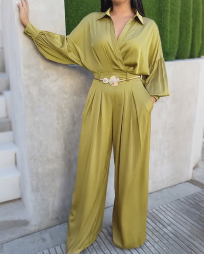 Women's Two Piece Satin Outfit Turn-down Collar Wrap Crop Shirt and Wide Leg Pants Set Elegant Matching Set