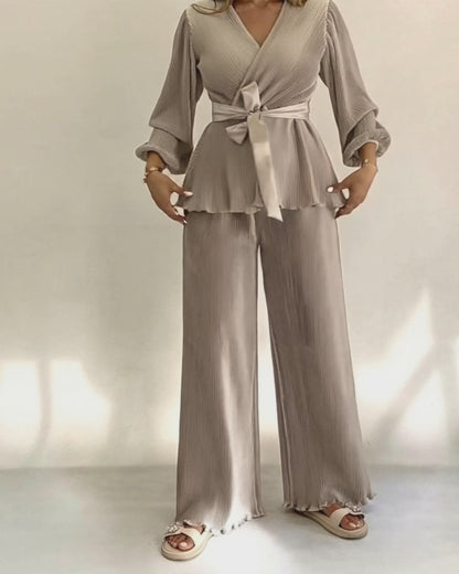 2 Pieces Outfit Overlap V-Neck Lantern Sleeve Tie Waist Ruffle Hem Top and Elastic Waist Wide Leg Pants Set Vintage Frill Hem Satin Pleated Commuting Set