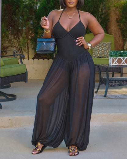 Women's V Neck Halter Backless Lace Up Lantern Jumpsuit Sexy Sheer Ruched Overalls
