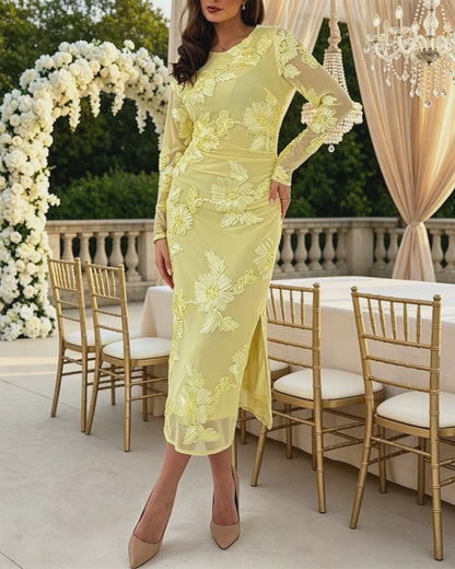 Women's 3D Floral Embroidered Mesh Midi Dress Sexy Sheer Long Sleeve Bodycon Dress Elegant Slit Cocktail Party Gown
